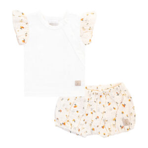 Set aus T-Shirt und Ballonshorts aus Bio-Baumwollmusselin mit Rüschen