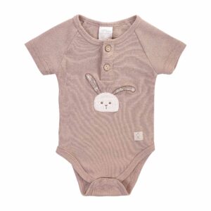 Kurzärmliger Body mit gesticktem Hasen aus gestreifter Bio-Baumwolle