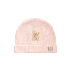 Geburtsmütze mit Teddybär-Stickerei aus gestreifter Bio-Baumwolle