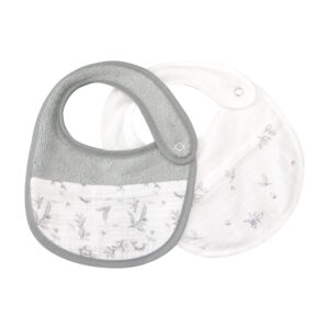 2-teiliges Lätzchen-Set aus gemustertem Bambusschwamm – Graue Blume, Vögelchen himmelblau